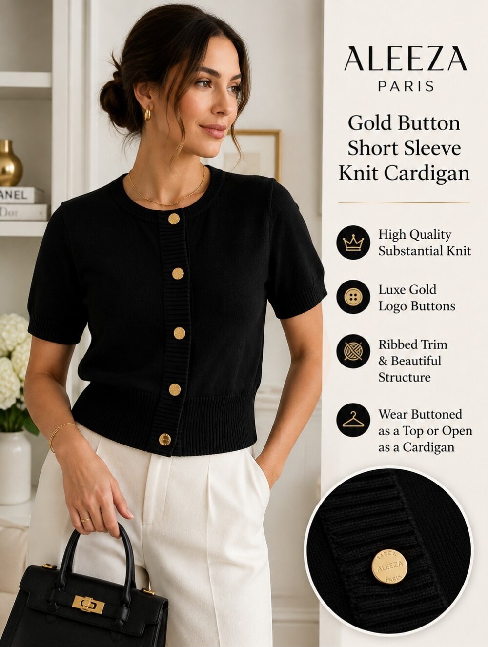 Aleeza Paris Black Gold Button Short Sleeve Knit Cardigan Medium NWT